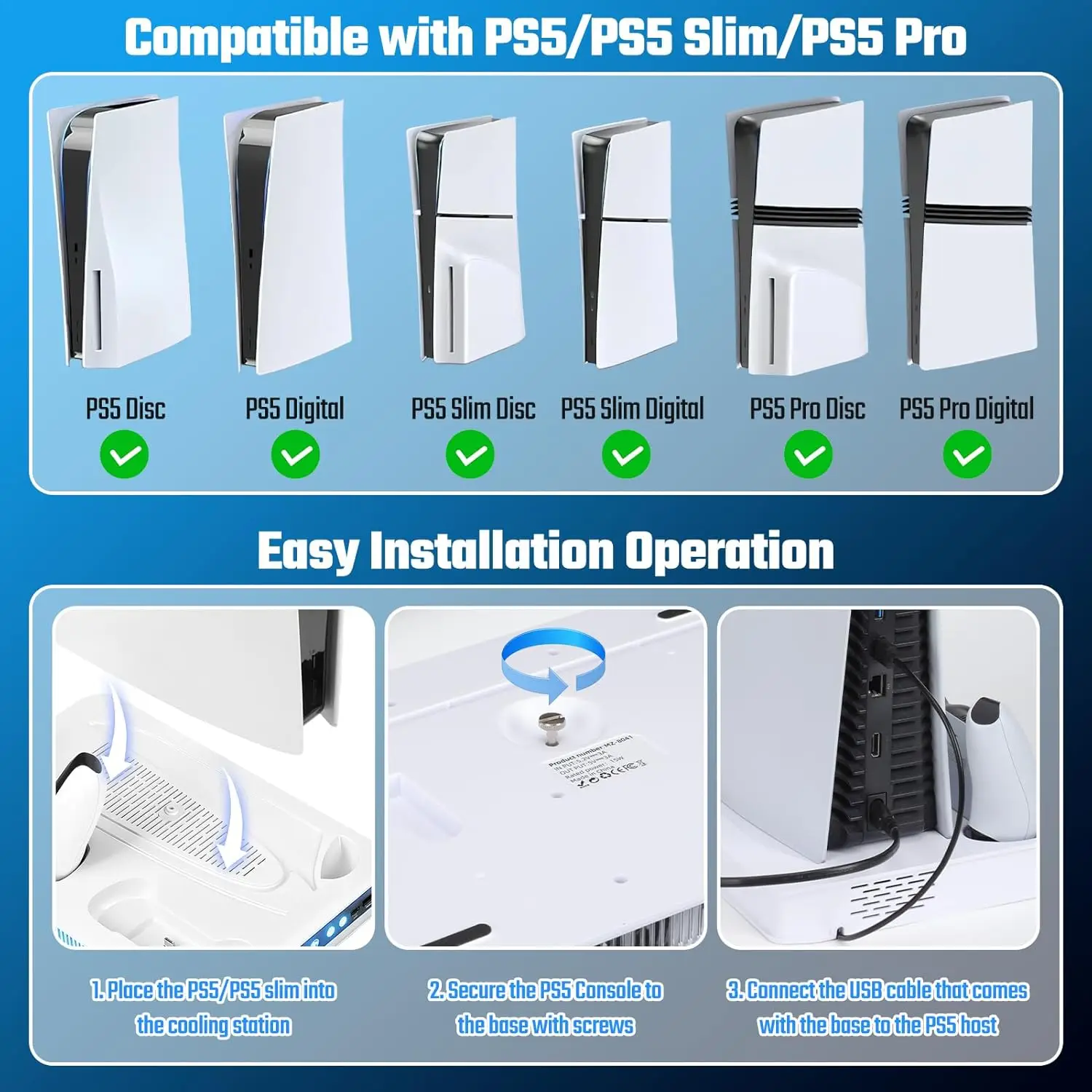 듀얼 컨트롤러 충전기가 포함된 PS5 RGB 쿨링 스테이션, PS5/PS5 슬림/PS5 프로 호환, LED 모드 지원 팬 스탠드