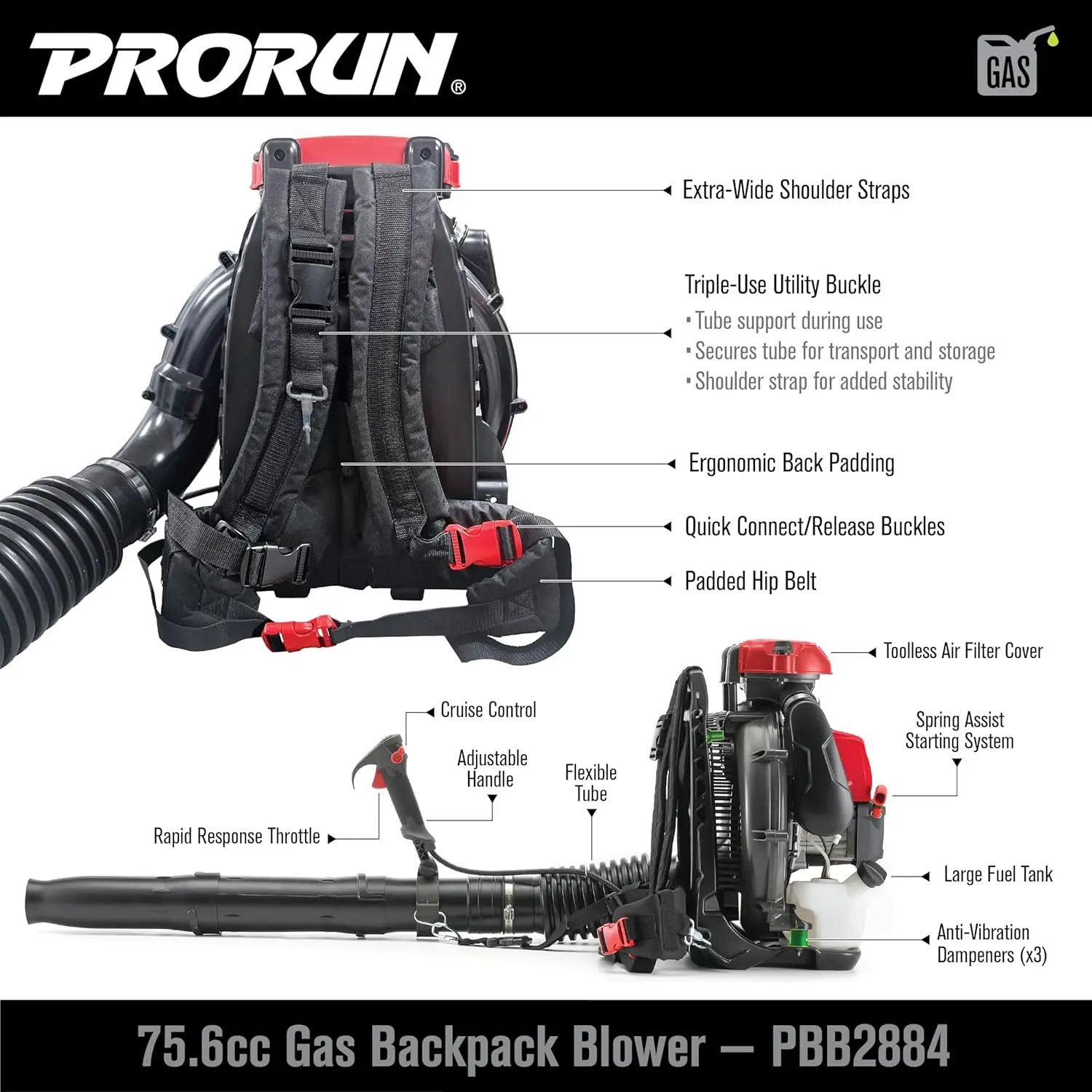 Air Blower 75.6cc 1020 Cfm 240 Mph Gas Powered 2 Cycle Backpack Leaf Blower Anti Vibration System Easy Maintenance