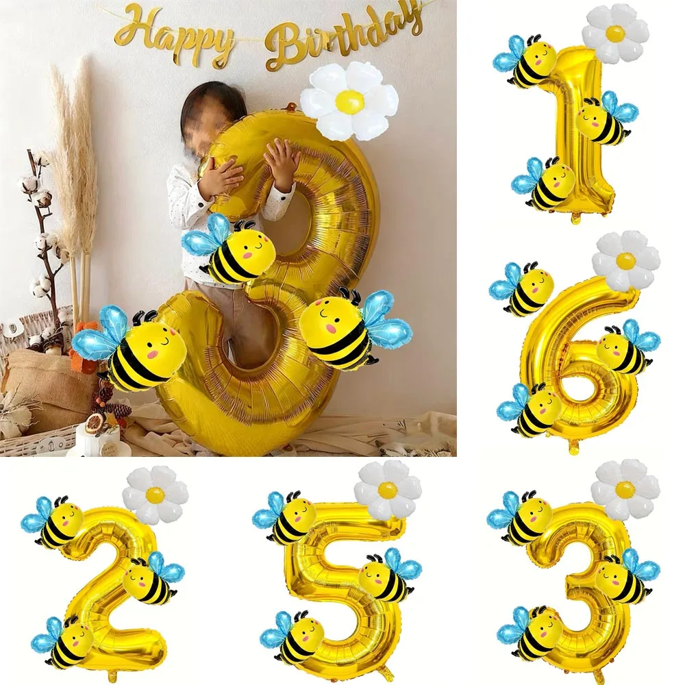 5 Stück Mini Biene Gänseblümchen 32 Zoll Gold Zahl Folienballons Set Gänseblümchen Blumenballon für Bienenthema Geburtstagsparty liefert DIY Geschenke