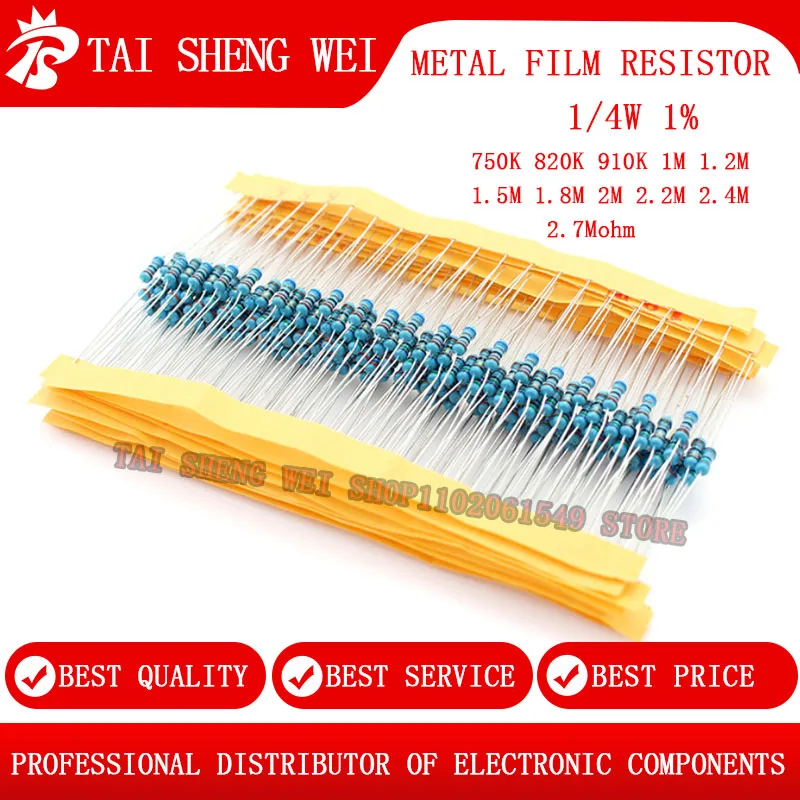

100pcs Metal film resistor 1/4W 1% 750k 820k 910k 1M 1.2M 1.5M 1.8M 2M 2.2M 2.4M 2.7M 750kohm 910kohm 1Mohm-2.7Mohm resistance