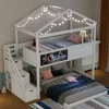 Twin Over Full House Bunk Bed with Blackboard and Storage Staircase,Wood Kids Bunk Bed with Roof and Safety Guardrails Beds 1
