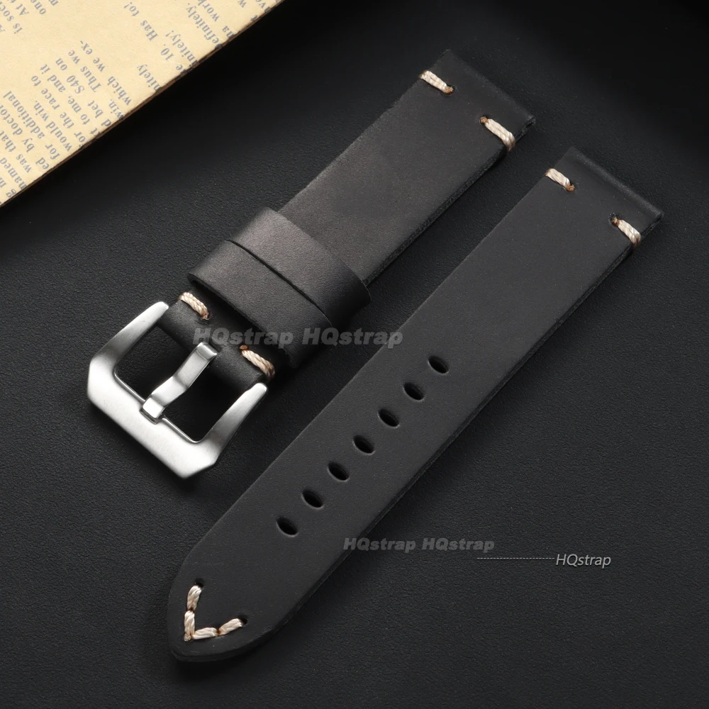 Vintage Crazy Horse Leather Handmade Watch Band with Stitching Details