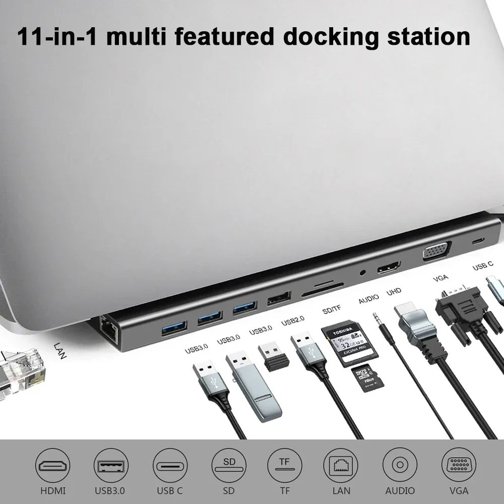 

11 In 1 USB C HUB For Macbook Pro USB-C Type C HUB to 4KHD VGA RJ45 SD/TF Multi Ports USB 3.0 Type-c HUB with PD Power Adapter