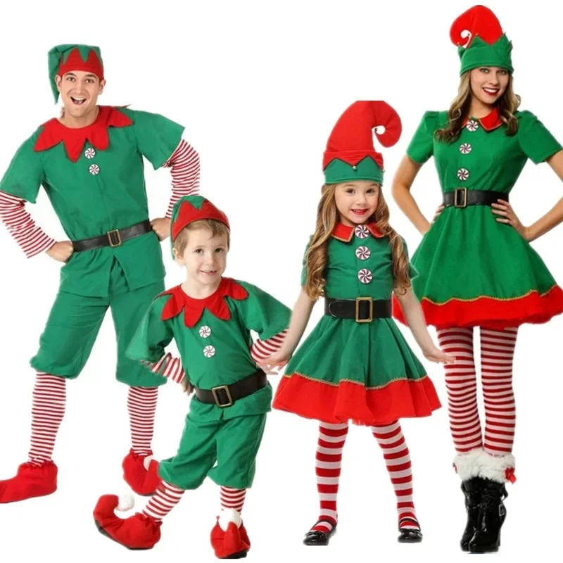 

Christmas Elf Santa Claus Cosplay Costume Girls Xmas Green Elf Dress for Kids Adults Family Outfits New Year Party Clothing Sets