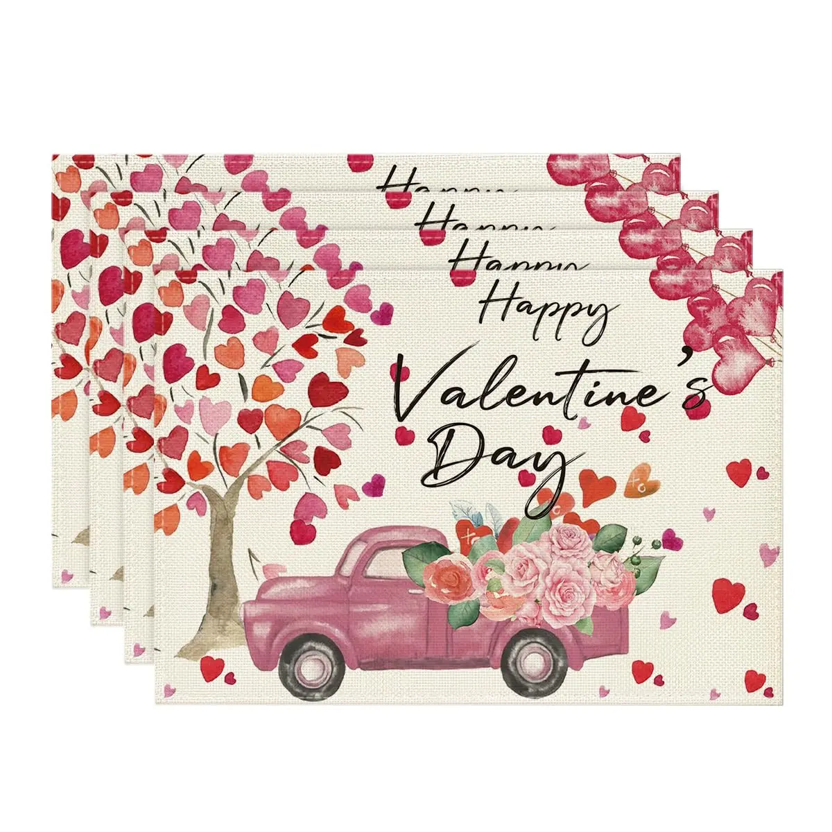 

Happy Valentine's Day Placemats, Heart Tree, Truck, Rose, Balloon, 12x18 Inch, Seasonal, Spring Table Mats for Dining Decor
