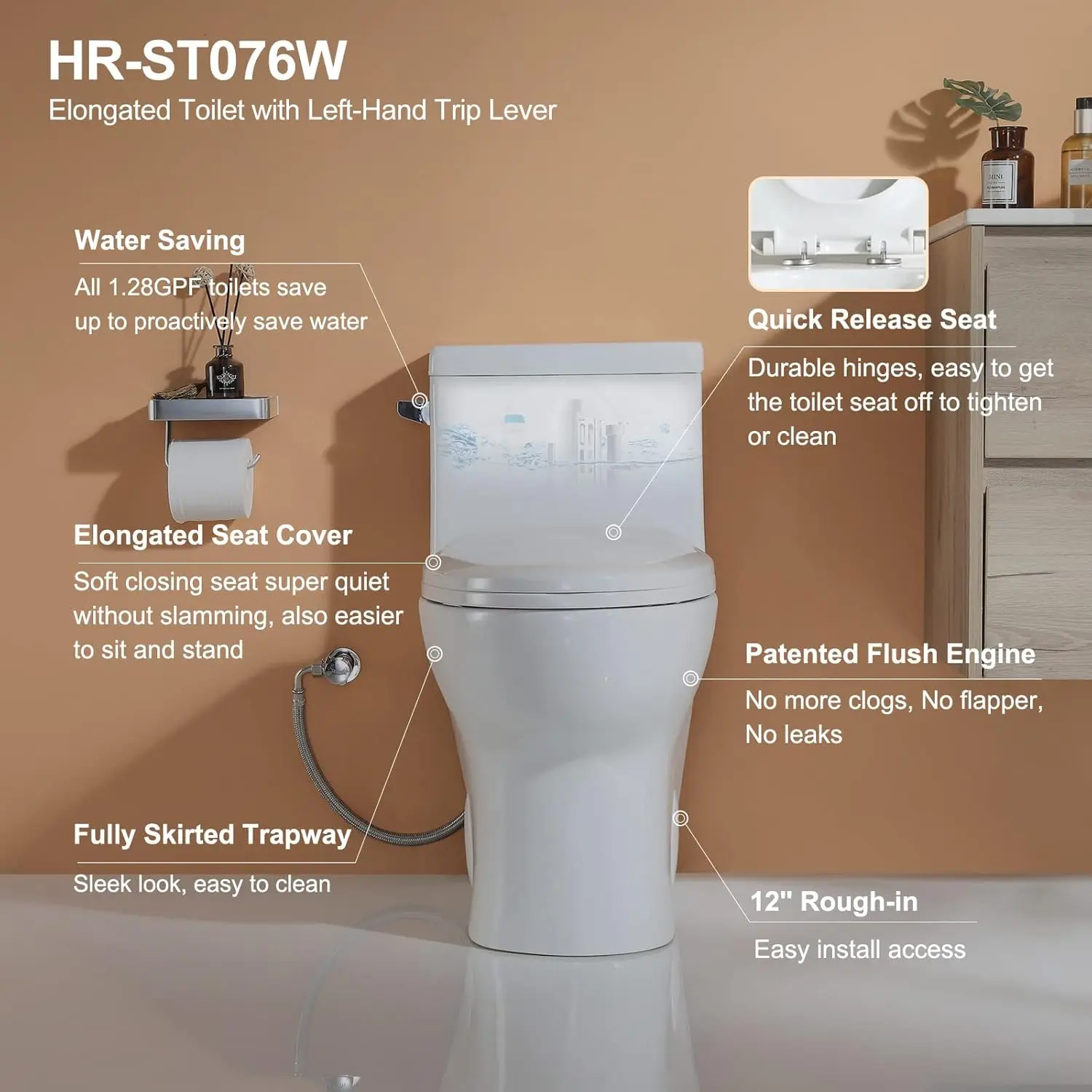 Horow Hr-St076W Elongated Toilet With Left-Hand Trip Lever, One Piece Toilet For Bathroom, Soft Closing Seat Include, Single 3