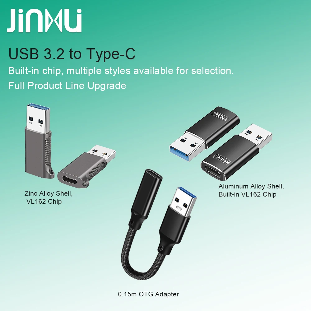 진무시 USB3.2 to 타입 C OTG 어댑터 3A 60W 고속 충전 양면 10Gbps 칩 USB-A(수) to 타입-C(암) 어댑터 변환기