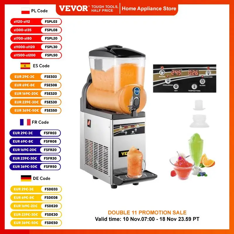 VEVOR Commercial Slushy Machine 15L Singel Tank Margarita Machine Stainless Steel Frozen Drink Perfect for Cafes Bars