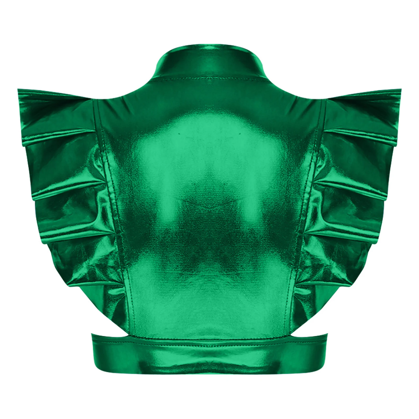 Schillernde Metallic-Schulterrüstung für Damen, Clubwear, gerüschter Besatz, vorderer Ausschnitt, verstellbare Träger, Rave-Achselzucken, bauchfreies Oberteil – Detail 8