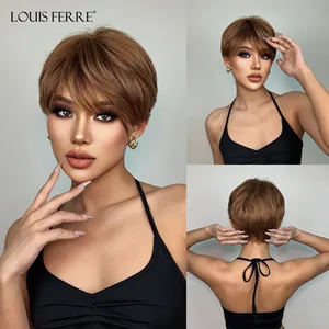 Короткие каштановые коричневые парики LOUIS FERRE для женщин, медово-коричневый парик для вырезания фальшивых волос, натуральные Многослойные волосы для ежедневного использования, высокотемпературное волокно