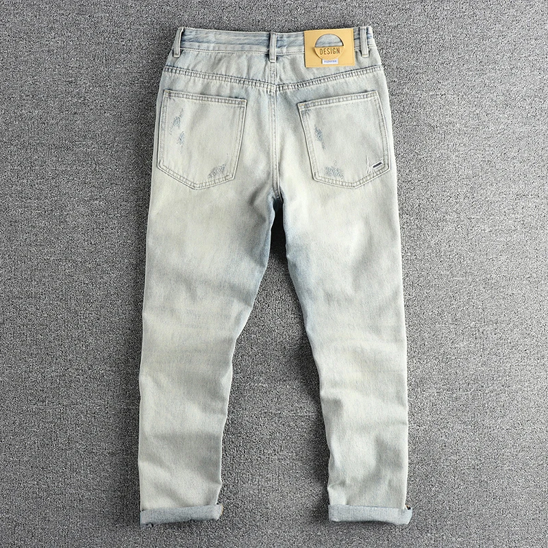Heavy craft wash cat must do old jeans men spring loose straight leg American retro trend embroidered pants