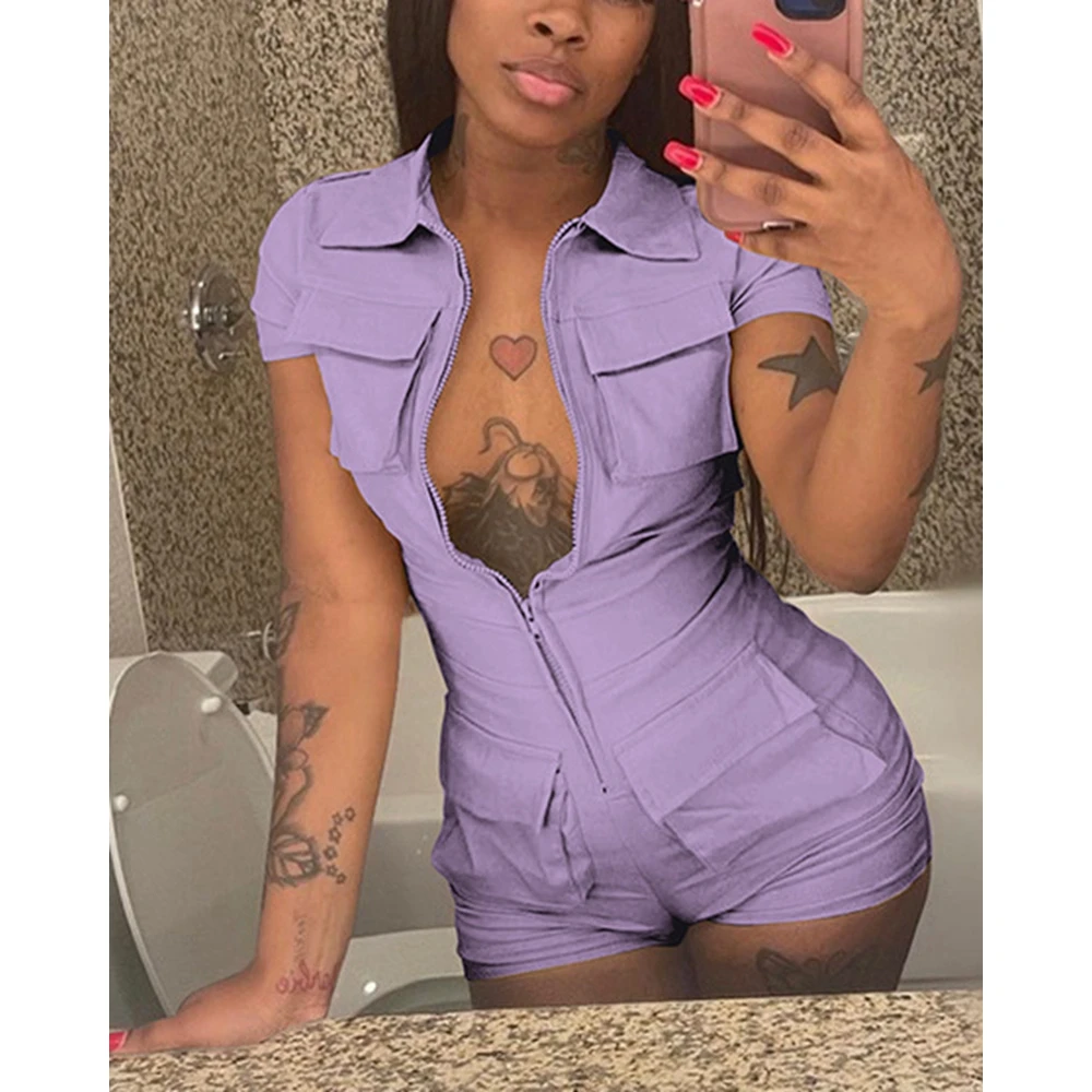 Elegant Women Pocket Design Short Sleeve Cargo Romper Sexy Plunge Casual Turn-down Collar Playsuit One Piece Outfits Summer Wear