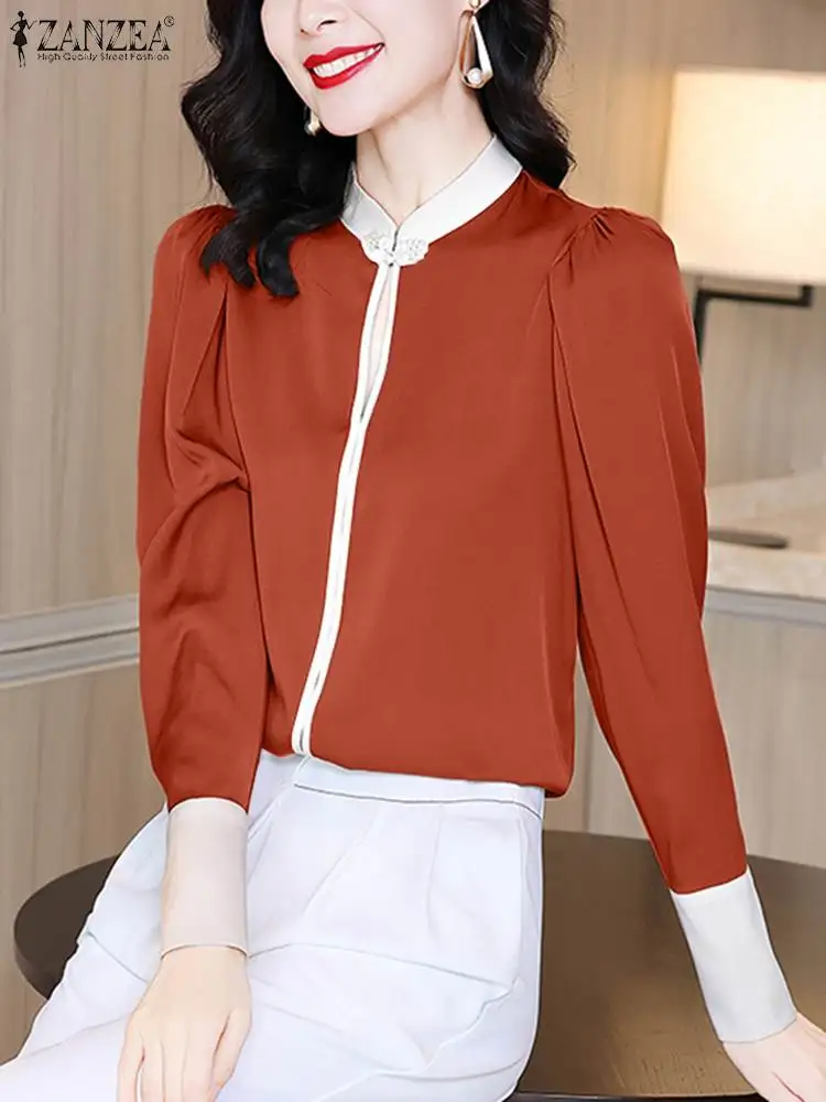 

Women Fashion Colorblock Blouse 2023 ZANZEA Autumn Long Sleeve Tops Vintage Stand Collar Shirts Holiday Neckline Buttons Tunics