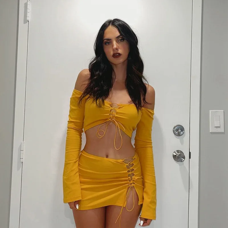 

Solid Long Sleeve Drawstring Ruched Crop Top Sexy Mini Dress 2 Piece Set 2023 Fall Fashion Bodycon
