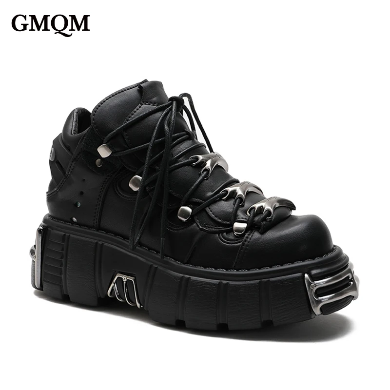 GMQM designerskie damskie botki buty na koturnach buty motocyklowe Rock Gothic Punk Y2k Cosplay ozdoby metalowe