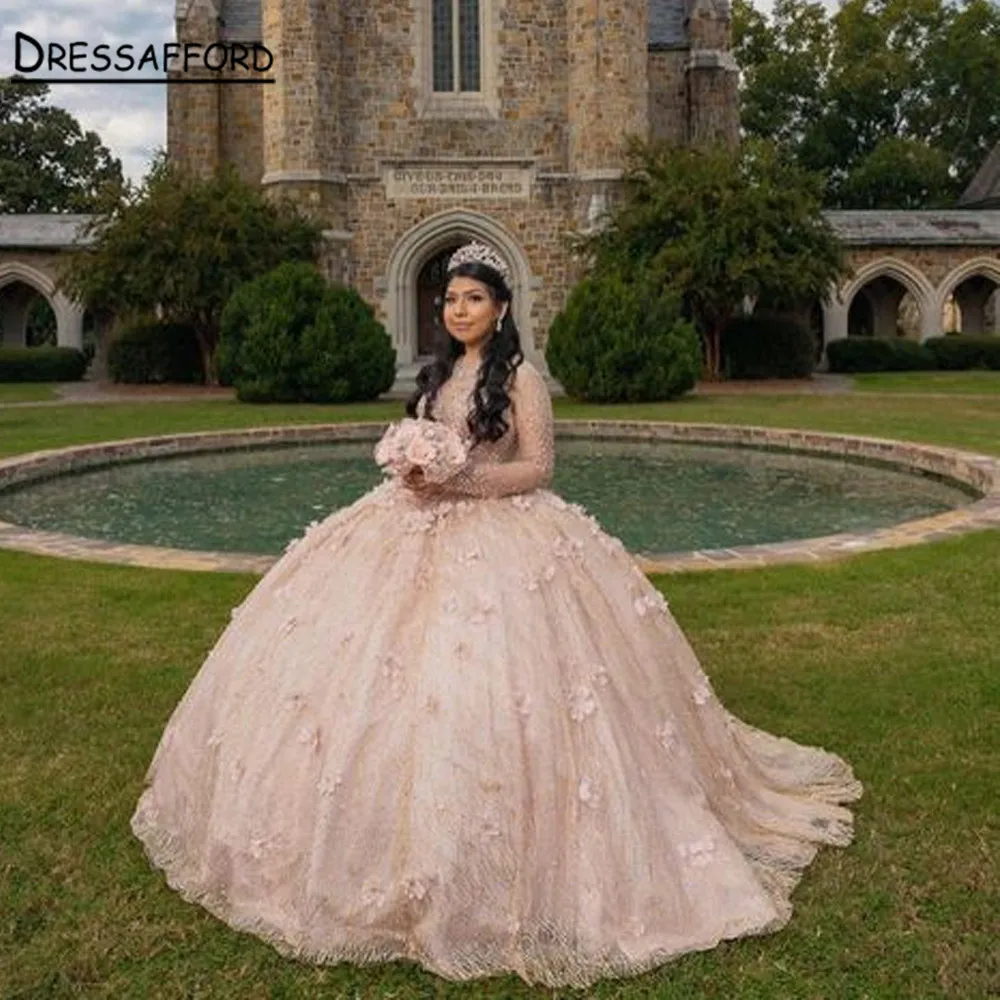 로즈 골드 긴 소매 3D 꽃 Quinceanera 드레스 볼 가운 파란색 된 환상 저녁 공식적인 가운 달콤한 16 Vestidos