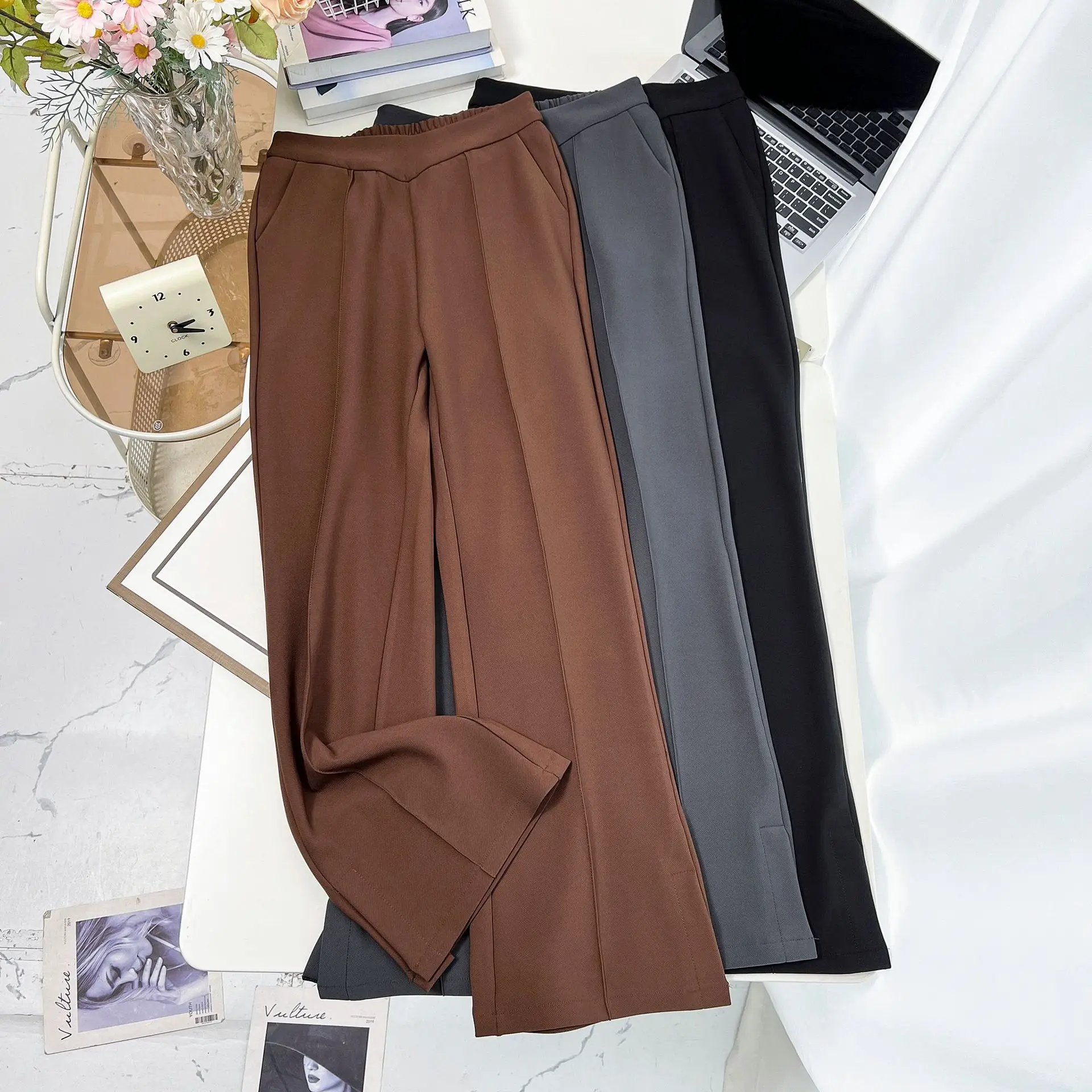 Plus Size Women's Black Flared Trousers With Slit Hem High Waist Casual Slim Draped Pants For Pear-Shaped Body Spring/Fall Chic