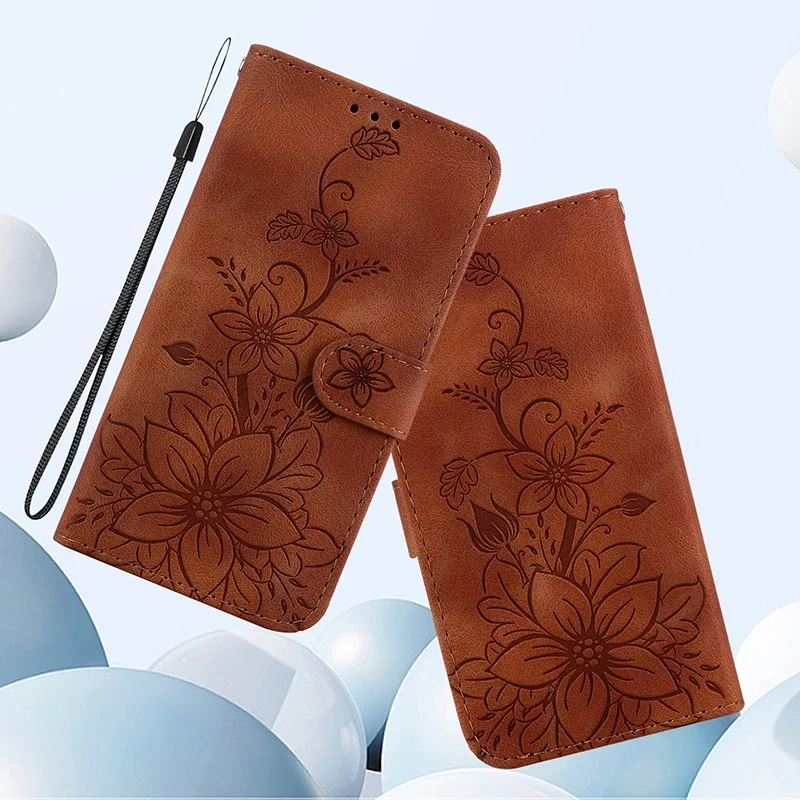 Embossed Lilies Magnetic Leather Wallet Phone Case Flip Cover