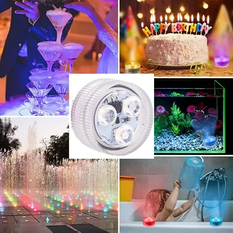 Luce subacquea colorata a 3 LED con telecomando alimentata da batteria a bottone, impermeabile, per decorazioni per feste in piscina - immagine 6