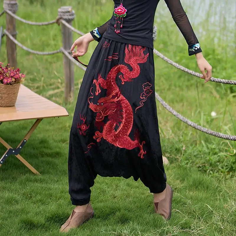 china dragon embroidery bloomers black trousers women national ethnic style vintage harajuku harem pants casual baggy pants women pants