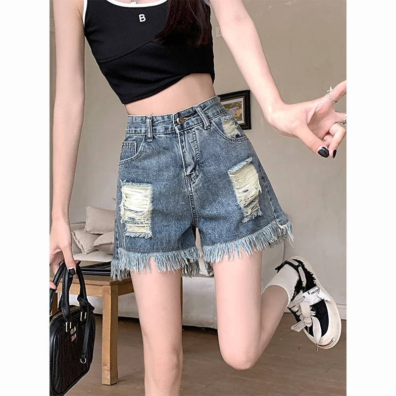 Korean Style Jeans Shorts Raw Edge Blue Ripped Women Summer Baggy High Waisted Pants Streetwear Y2k Fashion Straight Denim Short