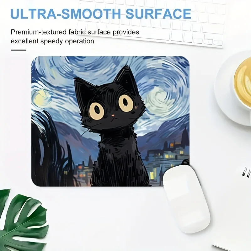 Starry Night mouse pad with cute black cat, study and office use, office accessories, rectangular workstation pad - durable, wat 5