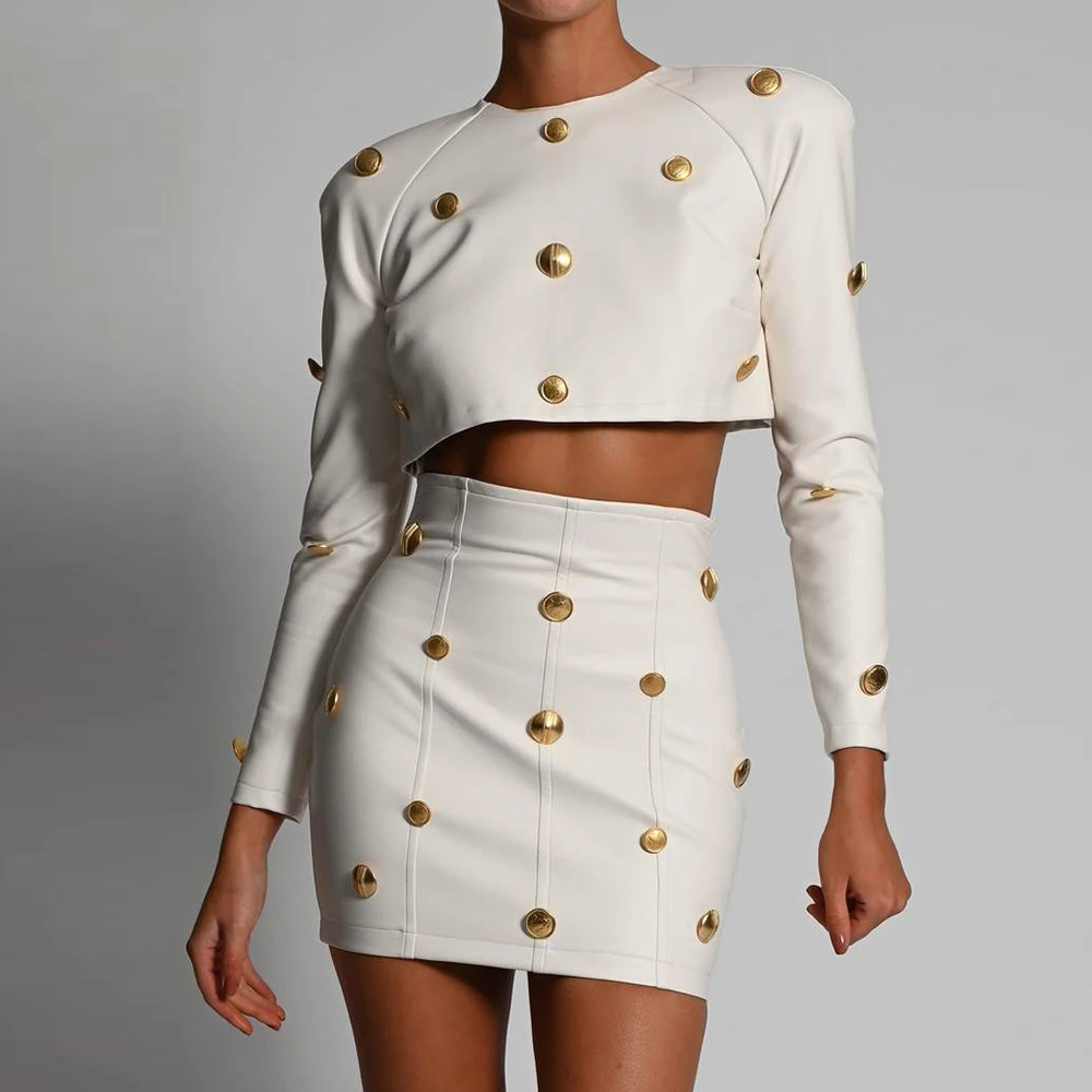 2023 New Sexy Club Leather Long Sleeve Crop Top and Skirt with Gold Button Winter Fashion Elegant Outfits Fall Women Skirt Suits 12 square motifs of samoa mini skirt womens skirts clothes women s clothing trend 2023