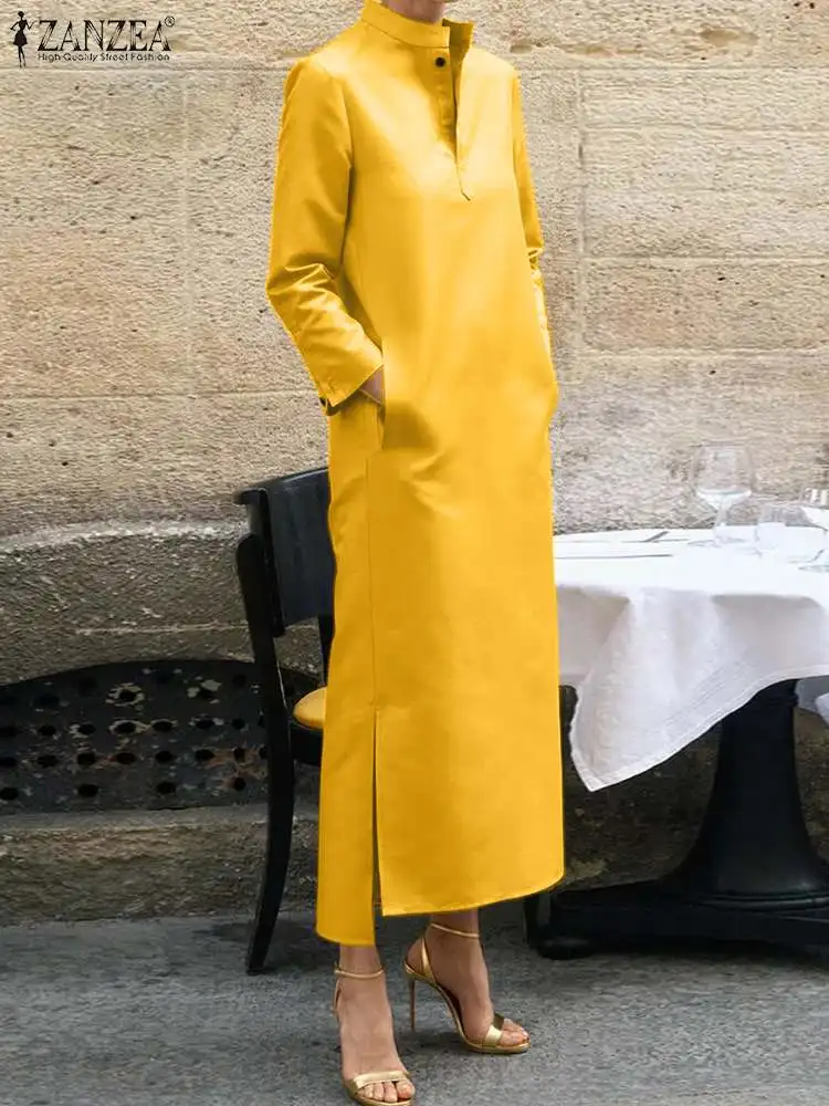 

Платье ZANZEA женское длинное прямого кроя, уличная одежда, свободное шикарное с воротником-стойкой, на пуговицах, с длинным рукавом