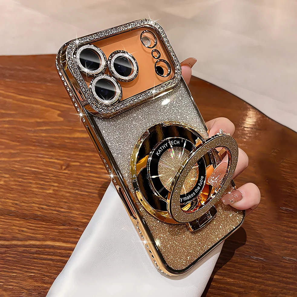 Luxury Plating Diamond Glitter Holder Stand Phone Case For iPhone17 16 15 14 13 12 Pro Max For Magsafe Lens Protector Back Cover S162476122feb44419452681293ccb241o