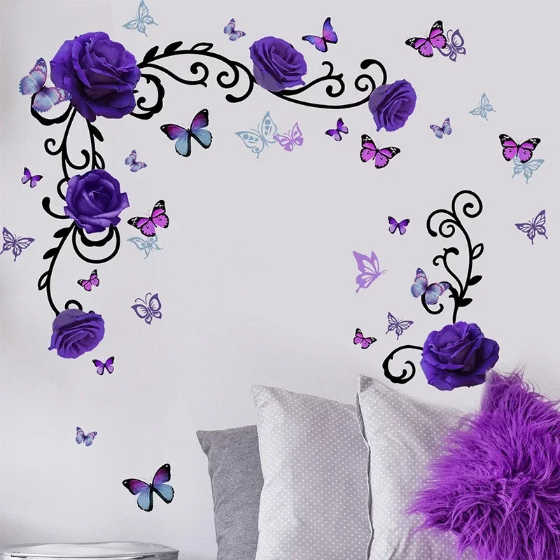 3D Purple Flowers Vine Butterfly Wall Stickers TV Bedroom Bed Background Living Room Decorative Wall Decals Home Decor Wallpaper