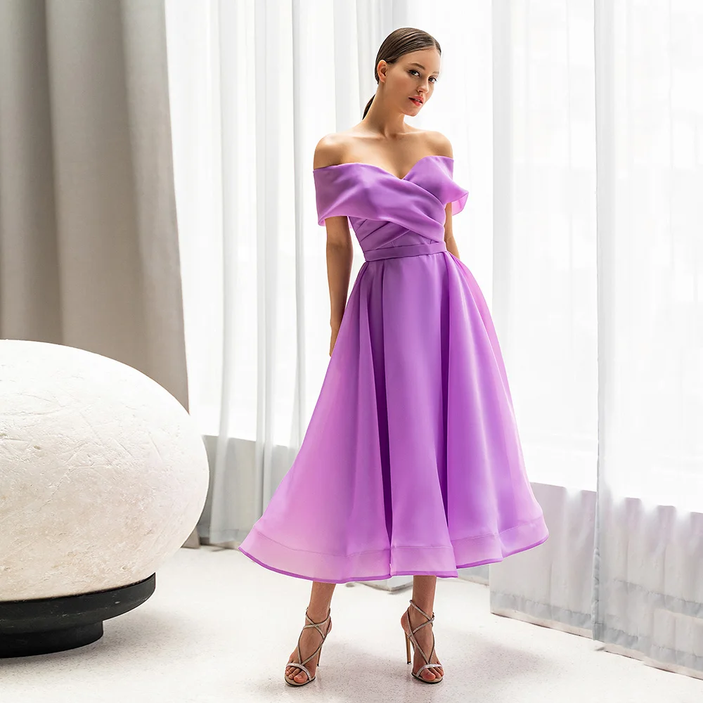 

Elegant Off-shoulder Lilac Short Cocktail Dresses Vintage Tea Length A-line Pink Prom Gown Corset Champagne Homecoming Dress