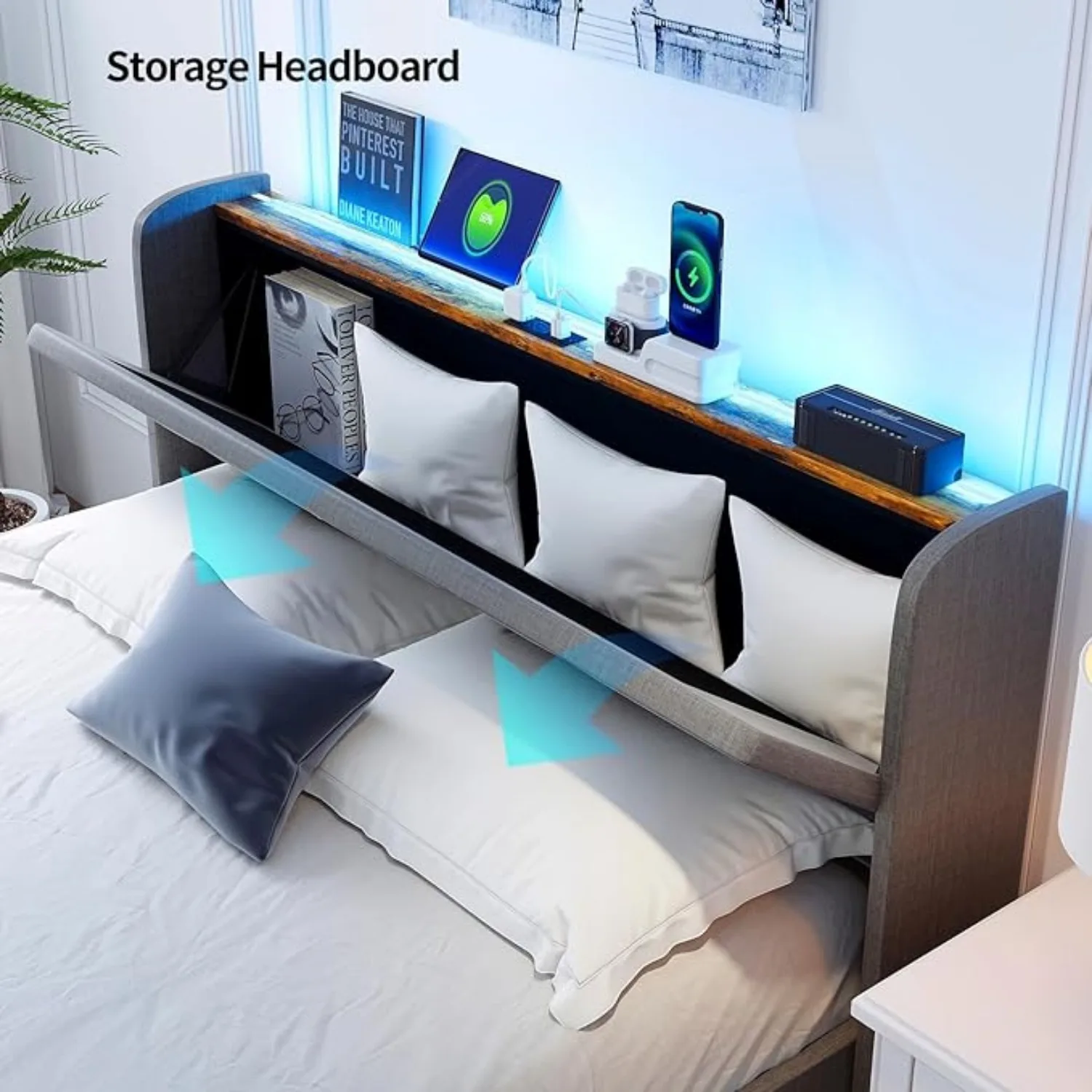 Queen Bed Frame with Storage Headboard & 4 Drawers, Upholstered Bed with LED Lights & Charging Station, Solid Wood Slats Support 5