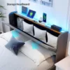 Queen Bed Frame with Storage Headboard & 4 Drawers, Upholstered Bed with LED Lights & Charging Station, Solid Wood Slats Support 5