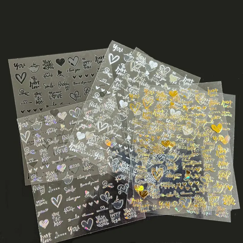 Nail stickers 6Pcs/Pack Laser Gold Silver 3D Nail Art Stickers Love Heart Letter Image Nail Decoration Ins Style Sticker DIY Foils Accessories