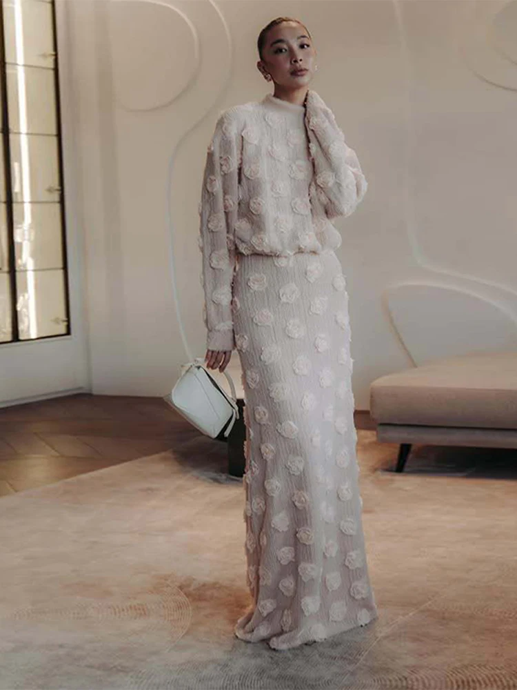 Knitting 3D Flower Tops Long Skirts Sets Women Elegant Lantern Sleeve Top Suit With Hip Package Skirt Lady 2025 Spring Outfits 3