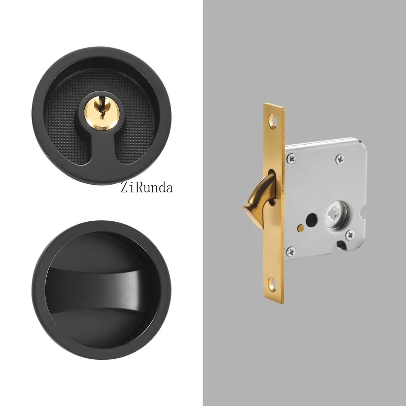 Brass sliding door handle lock set, kitchen bathroom wooden door inlaid with ultra-thin shiny PVD gold matte black