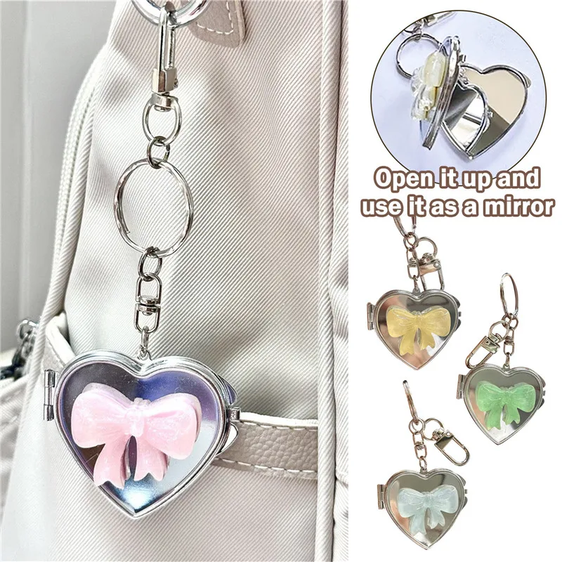 New Heart Shape Bow Folding Mirror Keychain Charm Double Sided Love Cosmetic Mirror Key Holder Y2K Bag Pendant Trendy Decor 2