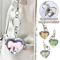 New Heart Shape Bow Folding Mirror Keychain Charm Double Sided Love Cosmetic Mirror Key Holder Y2K Bag Pendant Trendy Decor 2