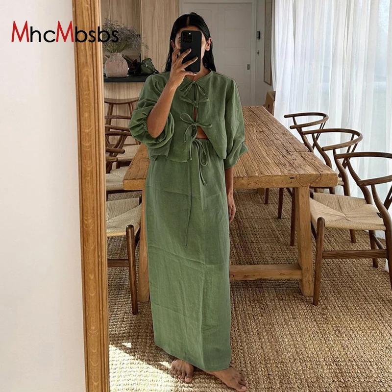 Casual Loose Khaki Cotton Linen 2 Piece Sets Women Vintage Puff Long Sleeve Lace-Up Shirt With High Waist Long Skirts Outfits