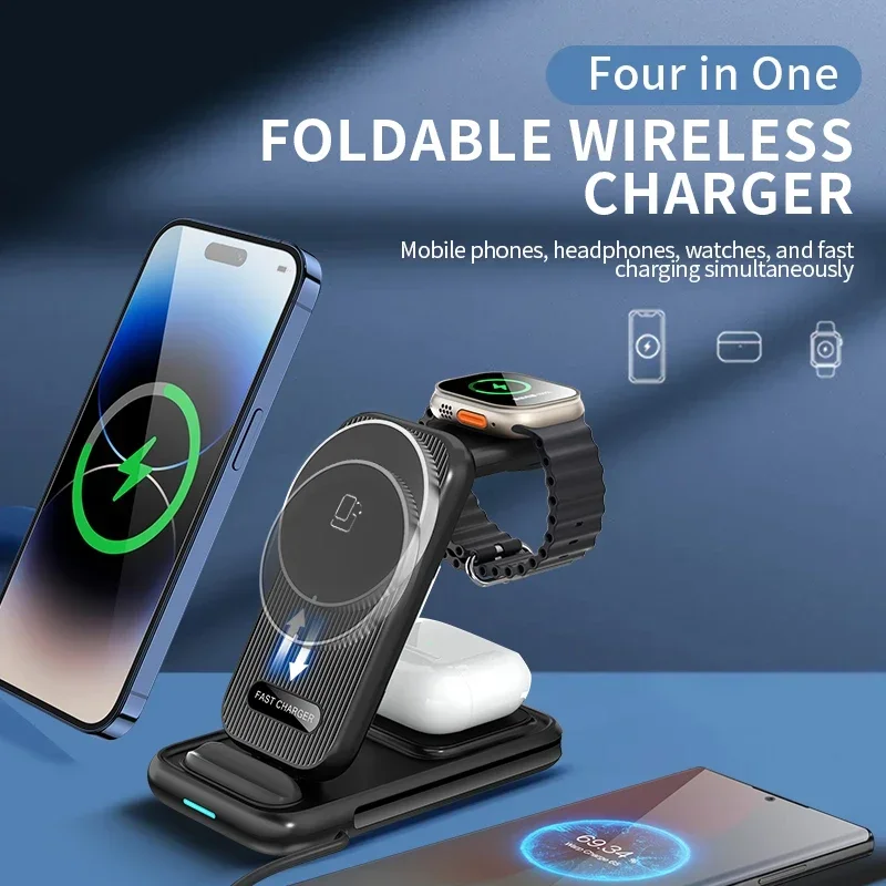 

NEW 4 in 1 Magnetic Foldable Wireless Charger Fast Charging Simultaneously for Apple / Samsung Phones Headphones Watches