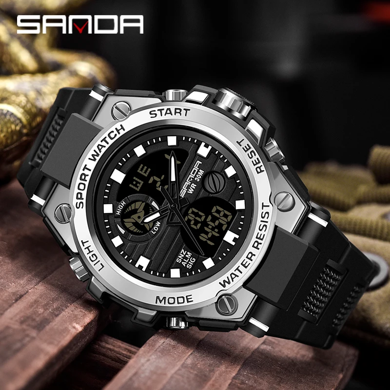 SANDA Youth Fashion Digital Watch Men Shockproof Waterproof Dual Wristwatches LED Chrono Alarm Clock Mens Watches Cool Hour 739