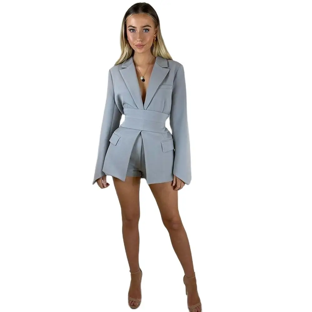 

2022 Multiple Colour Women's Summer New Suit Sets Cardigan With Belt Long Sleeve Lapel Irregular Cuffs Blazer 2Pcs Jacket Shorts
