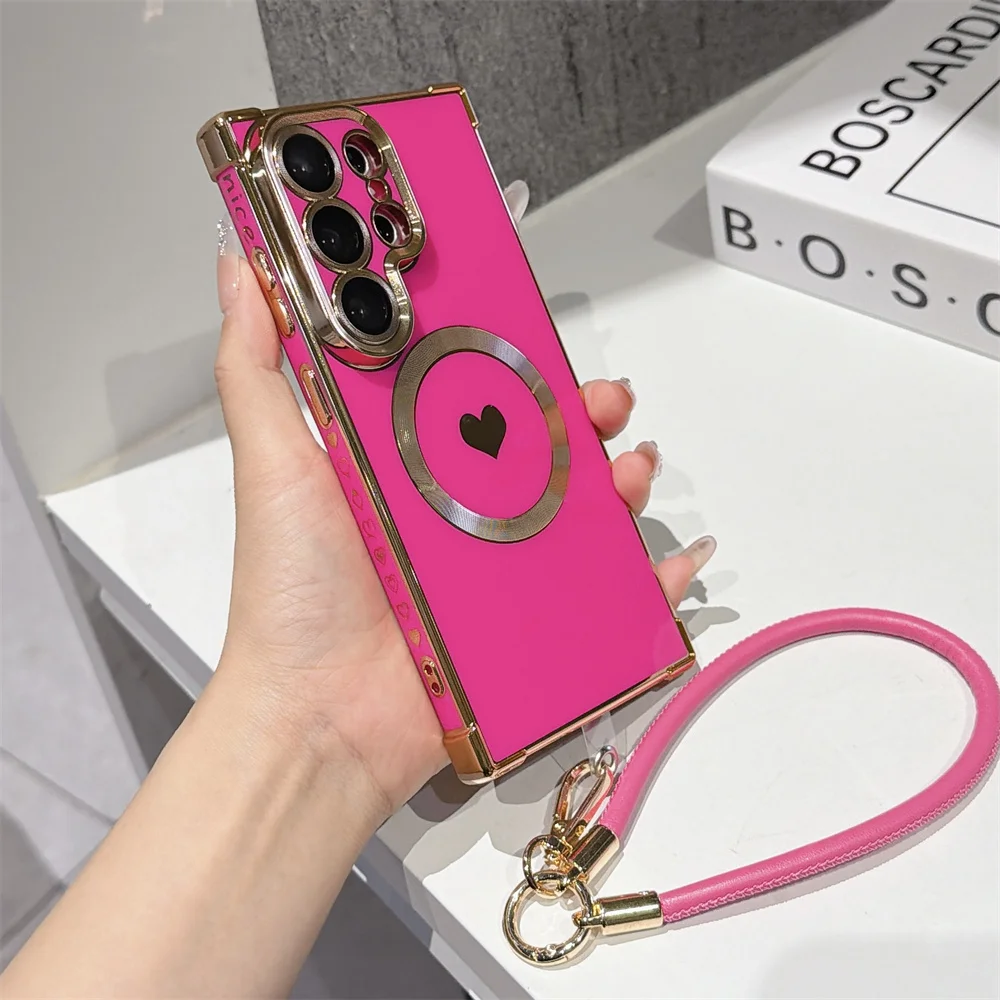 Elegant Love Heart Magnetic Phone Case with Luxury Lanyard - Solid Color Plating Silicone Back Cover