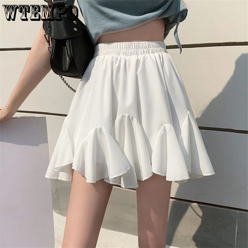 

White Fluffy A-line Skirt Women's Elastic High Waist Built in Shorts Sweet Ruffled Hem Slim Thin Casual Preppy Style Summer