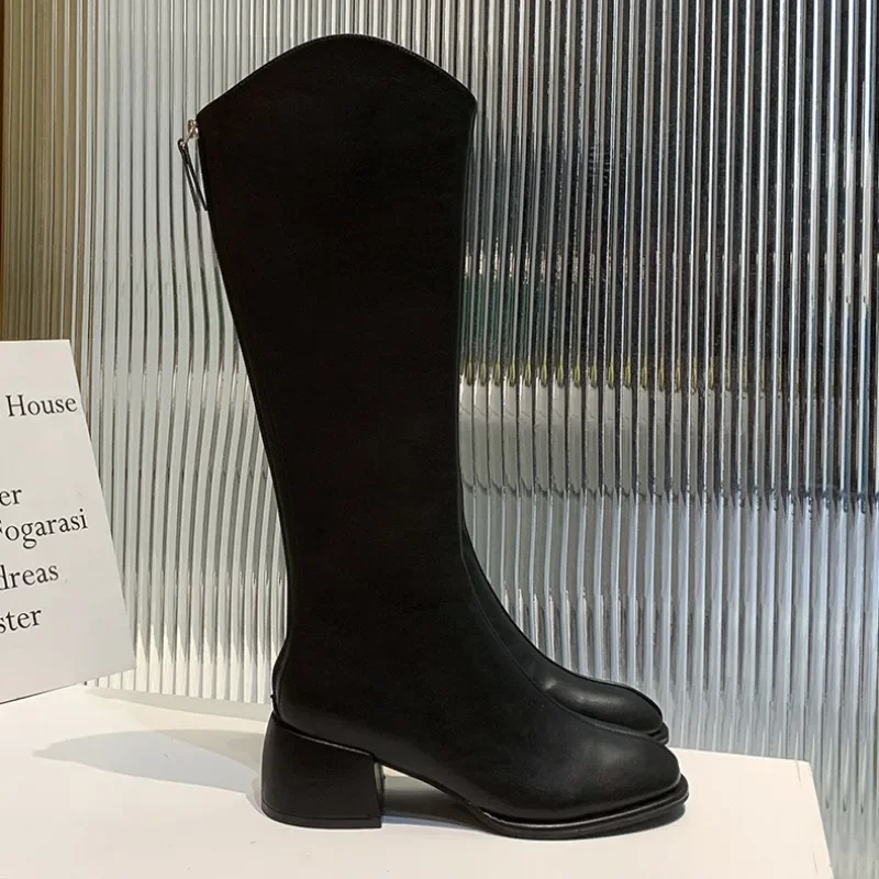 2023 New High Quality Women Boots Fashion Knee High Boots Thick Heel Ladies Long Slip on Autumn Winter Shoes Woman Length 34-43