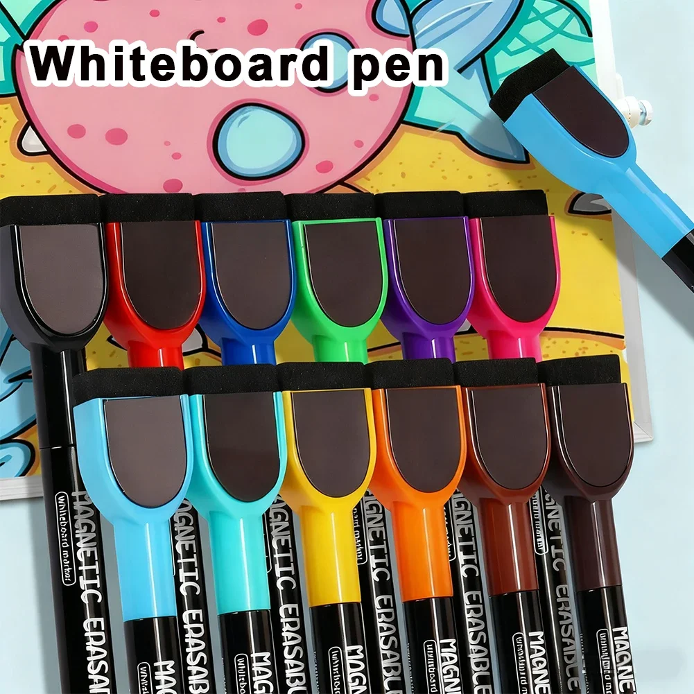 Magnetic Erasable Whiteboard Markers with Quick-Dry Water-Based Ink and Built-In Eraser