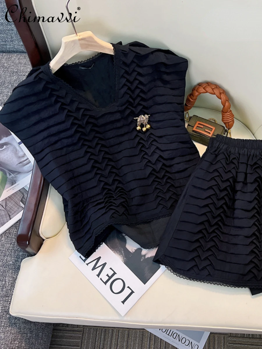 

New Female Classic Style Two-piece Suit 2022 Summer Women Western Style Casual Stylish Simple Top Office Lady Solid Color Shorts