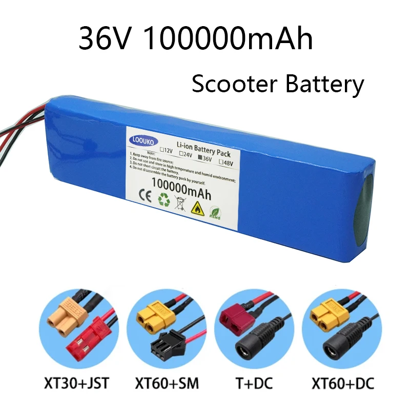 

Scooter 36V 100Ah plug SM XT60 DC XT30 JST Rechargeable Lithium Battery Pack 1000W 10S3P for E-Bike Electric bicycle with BMS