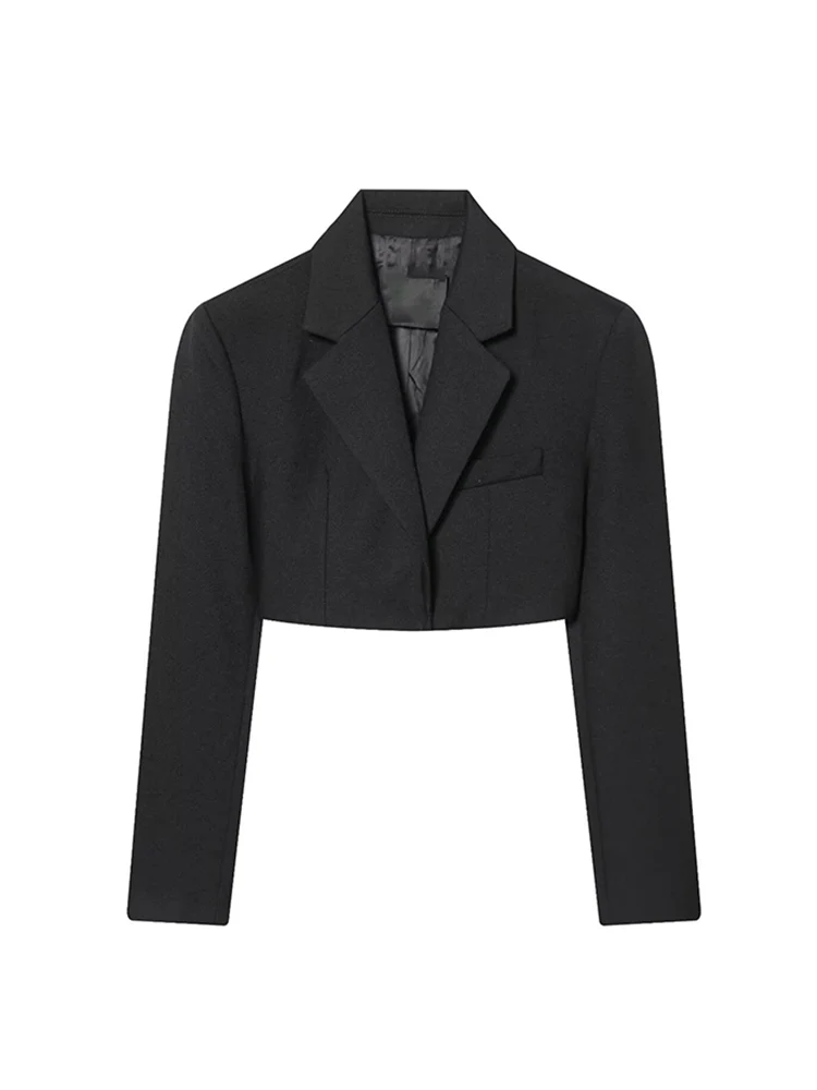 New Women Black Cropped Blazers Spring Autumn Notched Collar Crop Jacket Coat Women Vintage Long Sleeve Chic Street Suit Coat