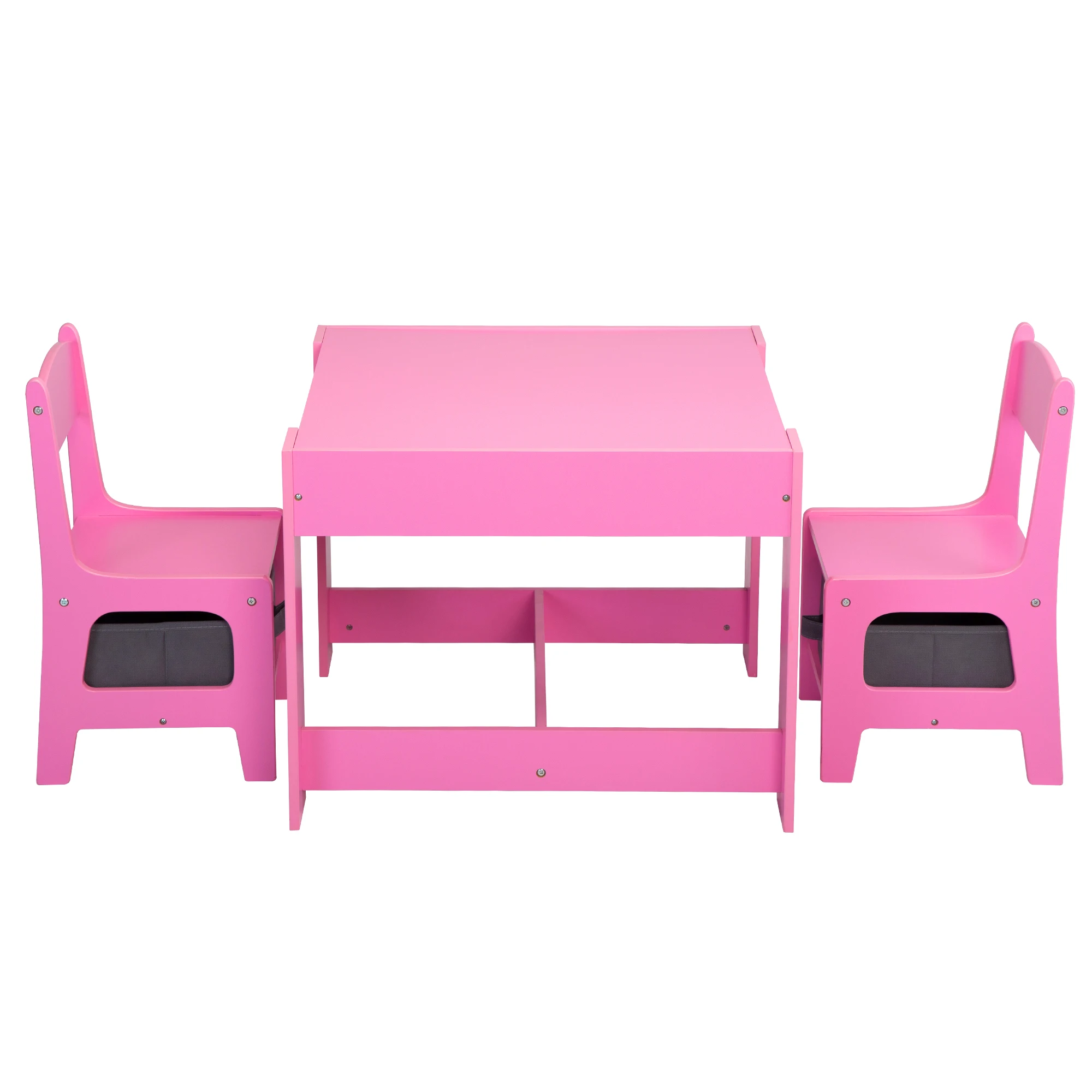 Three in one children's wooden table and two chairs, double-sided drawing table with storage space, blackboard, pink 2